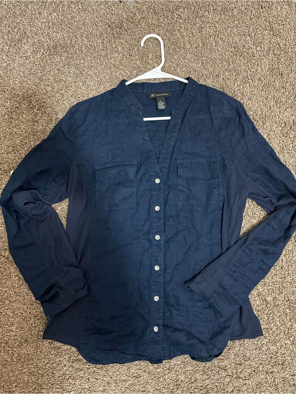 INC Womens Linen Blend Button Up Shirt Ribbed‎ Coastal Navy Blue L
